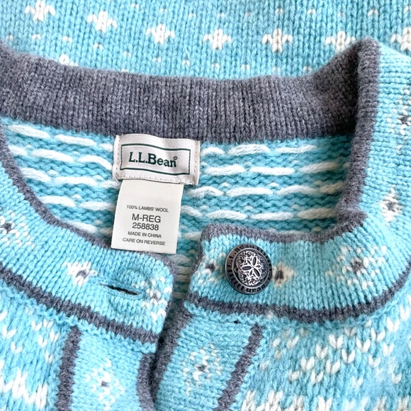 LL Bean Cardigan Sweater Wool Fair Isle Light Blue (M) - Picture 5 of 7